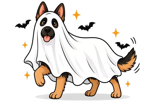 Adorable cartoon German Shepherd dog dressed as a friendly ghost for Halloween, wearing a white sheet with big eyes, playfully stepping, surrounded by sparkling stars and flying bats.