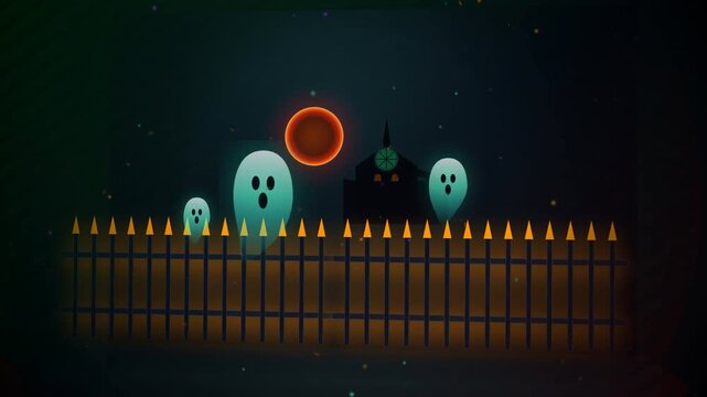 Spooky Cartoon Ghosts Haunt a Spiked Fence Under a Crimson Halloween Moon.