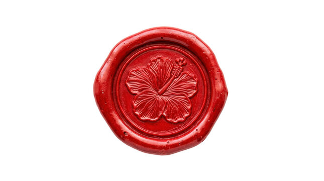 Red wax seal with a raised hibiscus flower impression, rich glossy crimson wax, irregular hand-pressed edges, and finely embossed botanical detail. Photorealistic studio product photography, slightly