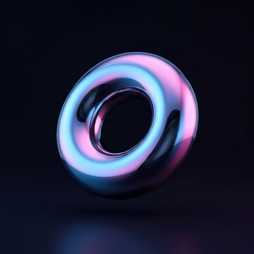 A lustrous, futuristic polished chrome torus sculpture is softly illuminated with an ethereal blue and pink gradient against a deep void, sleek, cgi, background