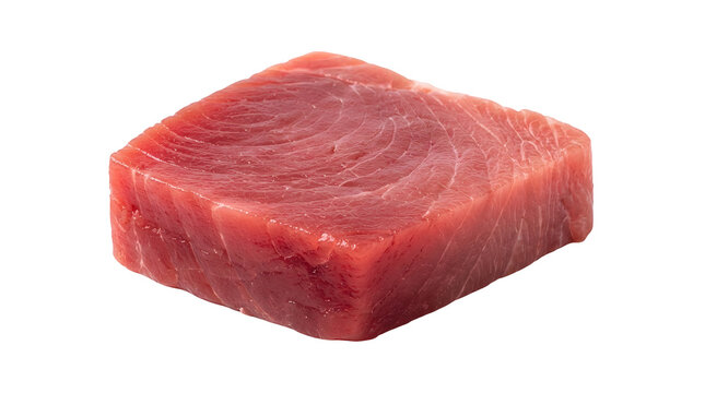 A single thick square-cut raw red tuna fish steak positioned centrally in the frame at a three-quarters perspective angle on a pure white isolated background for clean studio food photography