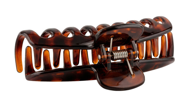 Plastic claw hair clip with curved interlocking teeth, strong central spring hinge, glossy molded finish, and practical everyday styling design. Photorealistic, front 3/4 view, horizontal orientation,