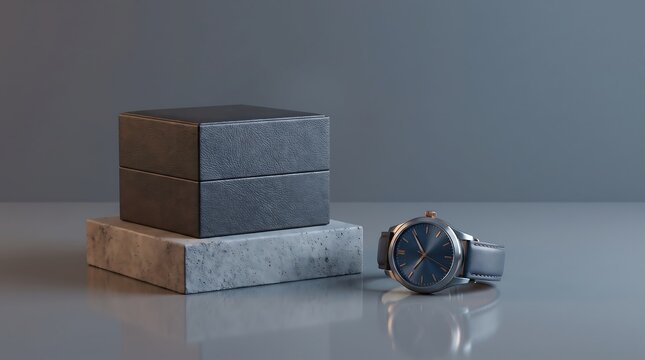 Luxury wristwatch and gift box on stone blocks with copy space for