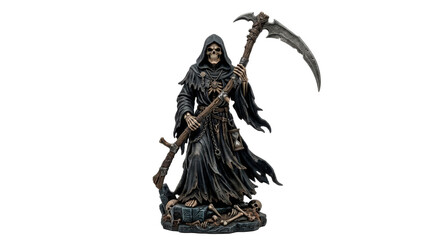 Fototapeta premium Grim Reaper figurine with dark hooded robe, skeletal face and integrated sculpted scythe, dramatic gothic collectible object, photorealistic, front 3/4 view, vertical orientation,
