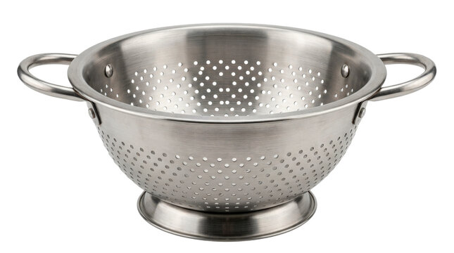 Metal colander with a deep rounded bowl, evenly spaced drainage holes, a ring base, and two side handles. Photorealistic, front 3/4 view, horizontal orientation, ultra-high-resolution 8K, on a pure