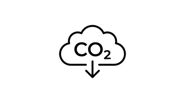 Minimalist black line-art cloud icon with centered CO2 text and downward arrow, clean environmental emissions-reduction symbol with precise graphic lines; photorealistic product-style rendering, front