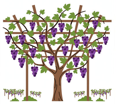 grape vine tree with trellis purple grapes vineyard vector illustration