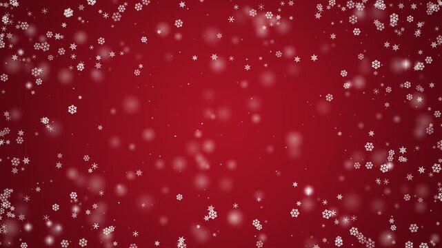 Falling white snowflakes and sparkling bokeh particles drifting gracefully over a festive red gradient background