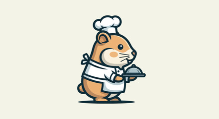 Obraz premium Cute Hamster Chef Mascot Holding a Silver Food Serving Platter Wearing a Traditional Kitchen Apron and Hat Character Illustration