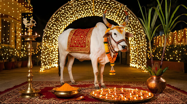 Decorated indian zebu cow standing in front of a glowing golden light arch with traditional oil lamps and sugarcane for a festive celebration