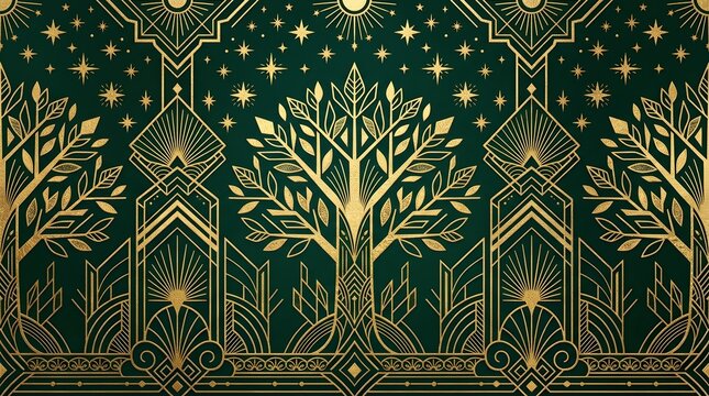 Art deco green and gold pattern with tree of life and stars mystical design.