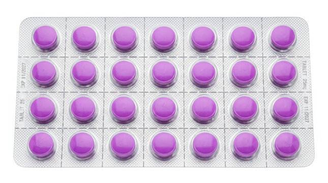 Medication blister pack with violet round tablets sealed neatly beneath clear molded pockets, clean pharmaceutical packaging and evenly spaced dosage layout. Photorealistic macro studio product