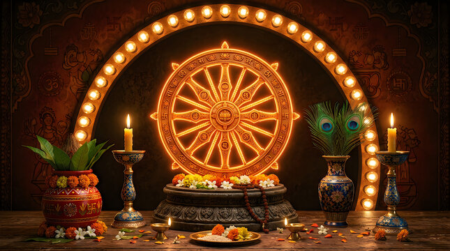 Golden dharma wheel symbol with glowing lights and candles in a dark temple setting for buddhist celebration or meditation