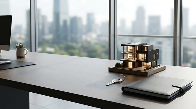 Un agente immobiliare prepara una vendita immobiliare con modellino di casa e chiavi su una scrivania da ufficio moderno