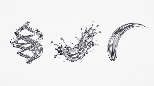 Set of three futuristic 3D liquid chrome fluid splashes in a horizontal row on white background