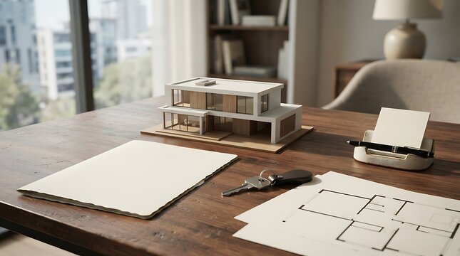 Un agente immobiliare prepara i documenti di vendita con modellino architettonico, planimetria e chiavi su una scrivania