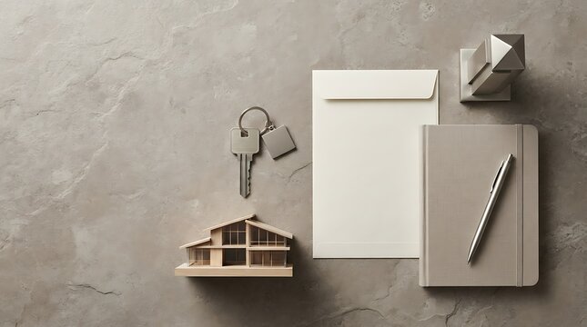 Un set di accessori per un agente immobiliare con chiavi di casa e modellino su uno sfondo in pietra naturale grigia