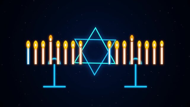 Hanukkah Menorah lit with nine candles and Star of David glowing softly against a dark background