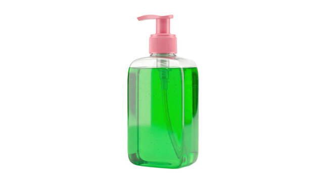 Clear dish soap dispenser bottle with green liquid, soft rectangular body, pink pump top, smooth transparent plastic, and clean modern kitchen-cleaning product design; photorealistic household product