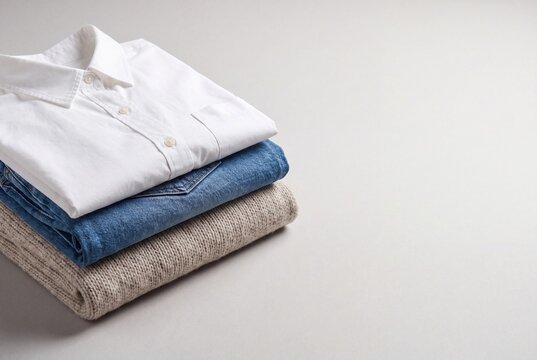 Clothes stacked neatly on a plain background