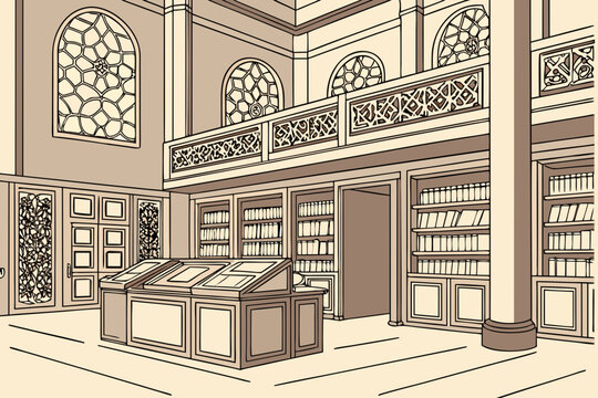 Arabic library interior with ornate balconies towering bookshelves and classical reading displays showcasing cultural heritage educational knowledge and architecture generated ai