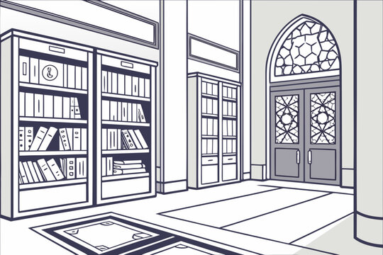 Arabic library interior with ornate arched doorway and built in bookshelves showcasing classical architecture educational heritage knowledge resources and study generated ai