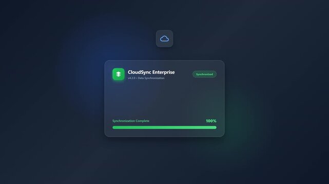 Clean modern 2D glassmorphism UI card animation showing downloading cloud data streams with a smooth horizontal progress bar transitioning into a glowing green success state.