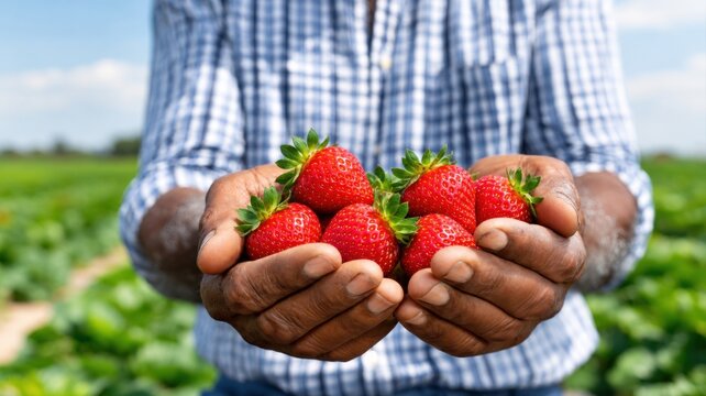 A close-up of a person holding a handful of freshly picked, ripe, red strawberries in a field.
