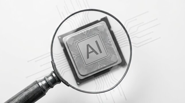 Magnifying glass inspecting an artificial intelligence computer chip.
