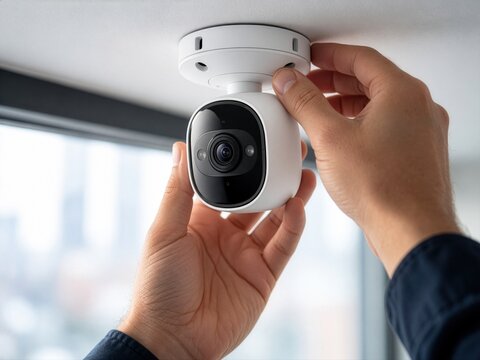 A person installs a modern white wireless security camera onto a ceiling mount indoors for surveillance.