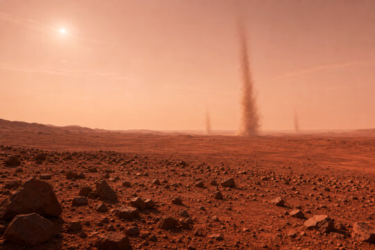 Towering dust devils rise from a rocky red planetary plain beneath a hazy orange sky. Atmospheric activity in an alien desert