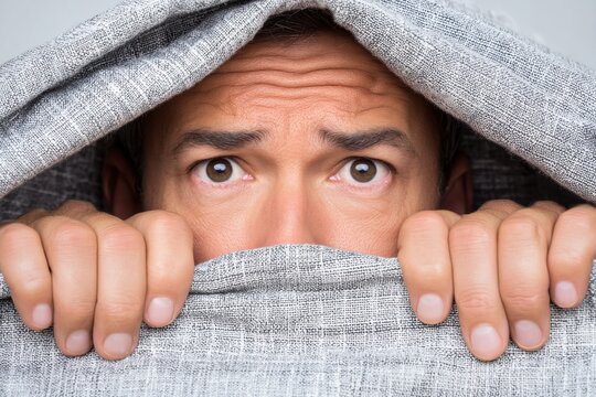 A close-up of a man hiding under a grey textured blanket, with his eyes wide open in visible fear.
