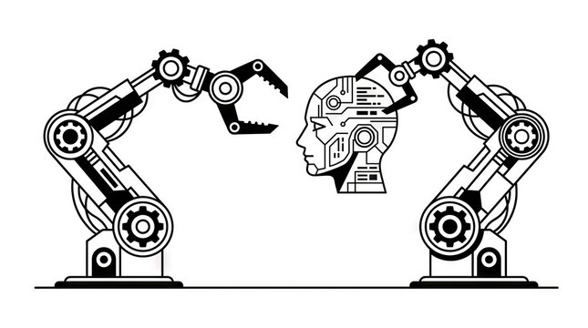 Two industrial robotic arms assembling a cyborg human head.