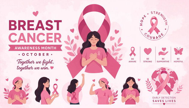 Breast cancer awareness month illustration set featuring women with pink ribbons celebrating support in isolated graphic style