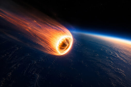 A returning capsule cuts through the upper atmosphere inside an orange-white plasma fireball above a blue ocean. Reentry engineering and thermal protection