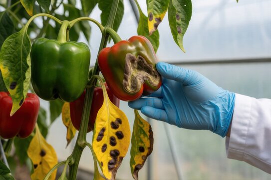 A gloved hand inspecting a pepper plant with diseased leaves and a rotting bell pepper in a greenhouse.