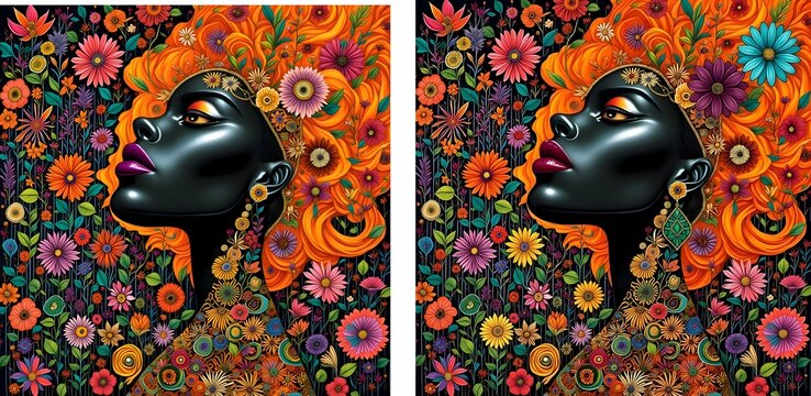 What is the difference magical fantasy african woman lady face portrait forest flowers 5 parts different illustration alteration dissimilar disparity discrepancy divergence distinctness variation, not