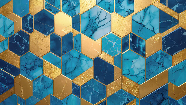 Blue and gold marble tessellation with hexagons and thin metallic lines