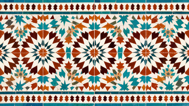 Moroccan tile pattern backdrop, geometric mosaic in terracotta, turquoise and cream, seamless repeat for home-decor mockups