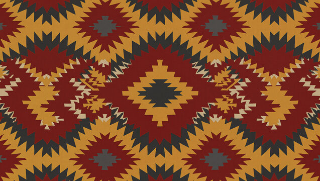 Kilim rug-inspired seamless pattern wallpaper, bold zigzag and diamond weave motifs in earthy red, mustard and charcoal tones