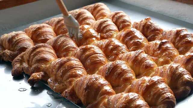 Brushing syrup glaze over rows of golden croissants on a baking tray, artisan bakery close-up