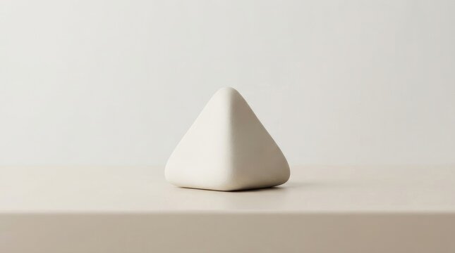 A single white triangular pyramid sculpture resting on a smooth light surface against a plain neutral wall in a minimalist interior setting space