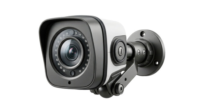 Single security camera with compact weather-resistant housing, prominent lens and adjustable mounting bracket, photorealistic, front 3/4 view, horizontal orientation, ultra-high-resolution 8K product