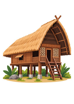 &ldquo;Traditional wooden stilt house illustration, tropical hut vector on white background, generative AI"