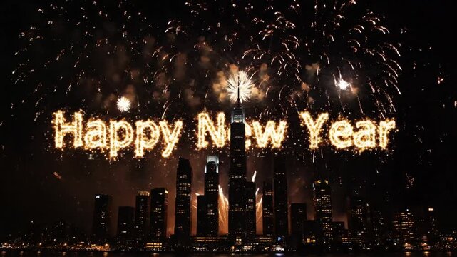 City Skyline Fireworks Display Illuminating Tall Modern Buildings at Night