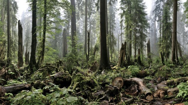 Enchanted forest landscape with tall trees lush greenery and fallen logs