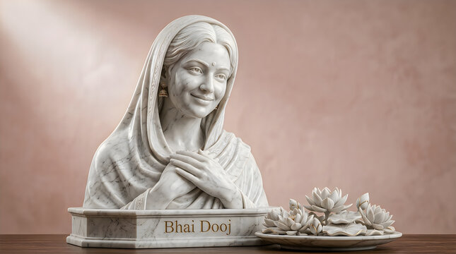 A statue of a woman representing a sister celebrating bhai dooj festival with a plate of sweets and gifts on a desk against a soft pink background