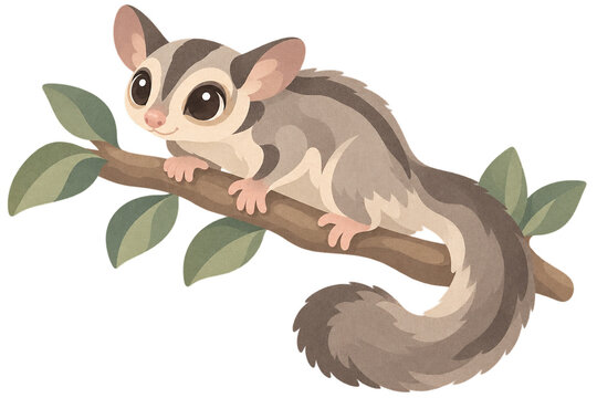 Cute pastel illustration of a sugar glider sitting on a leafy branch isolated on transparent background