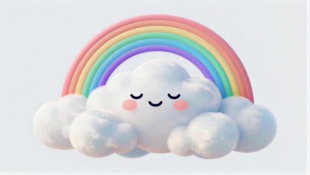 Cute cloud smiles beneath vibrant rainbow, soft pastel colors and joyful expression.
