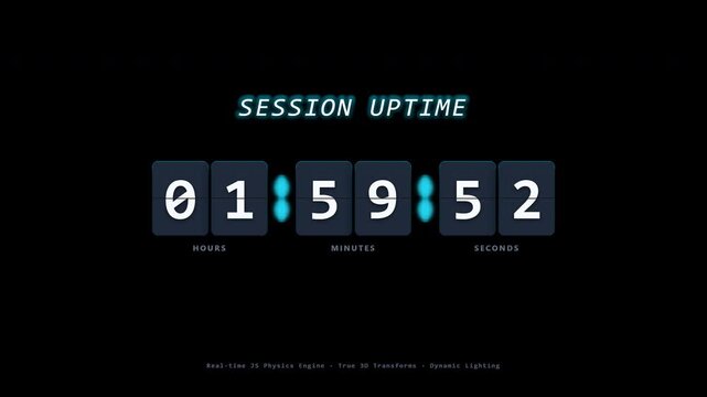 4K Animated 3D retro flip clock dashboard HUD overlay featuring server session uptime timer and sci fi countdown odometer for futuristic digital technology video backgrounds